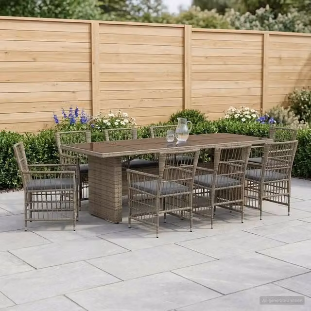 Set da pranzo per esterni vidaXL in polyrattan e vetro grigio, composto da 9 pezzi con tavolo rettangolare L: 240 cm, P: 110 cm, H: 75 cm e 8 sedie