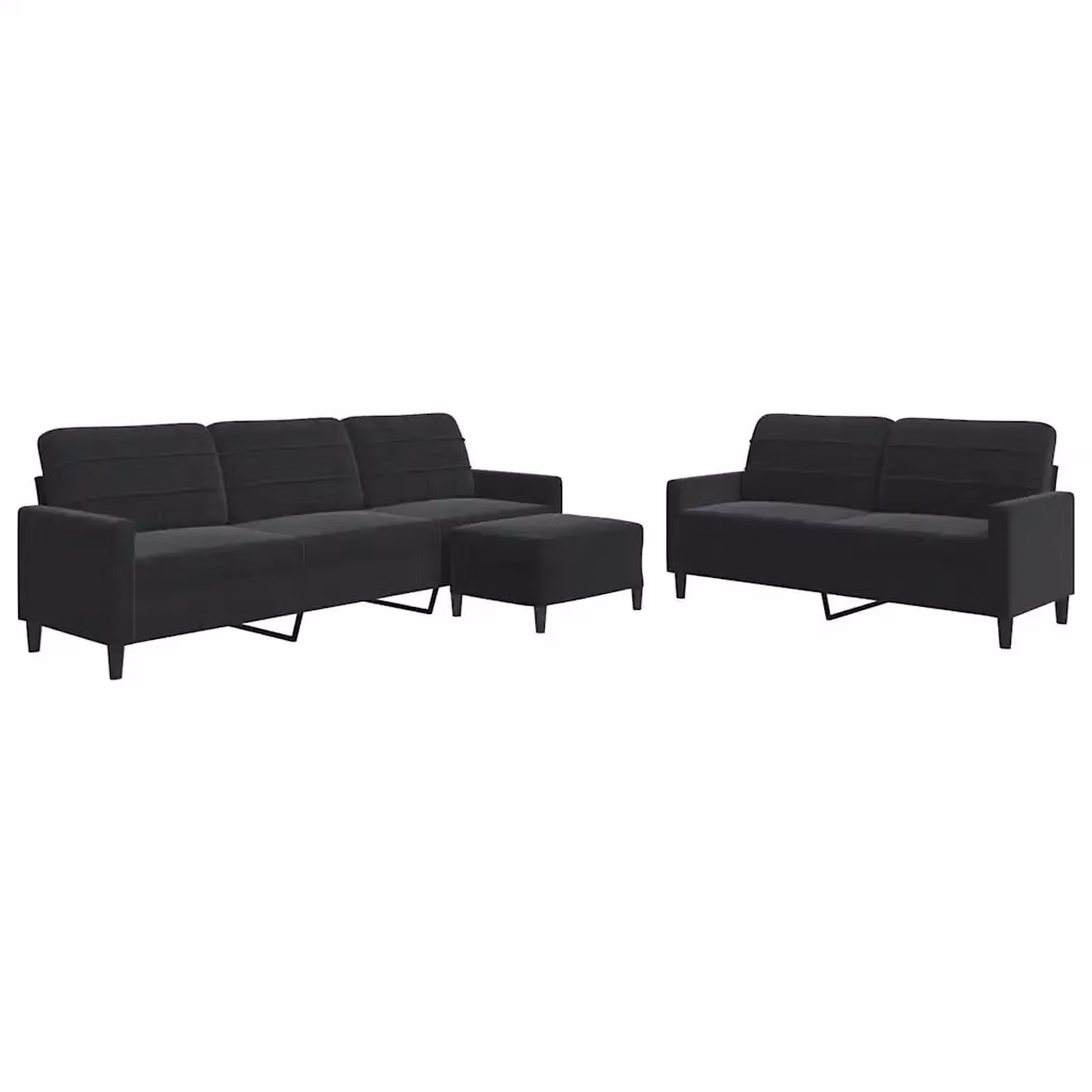 Set di divani moderno vidaXL in velluto nero composto da divano a 3 posti, divano a 2 posti e pouf con cuscini inclusi e struttura in metallo – 2