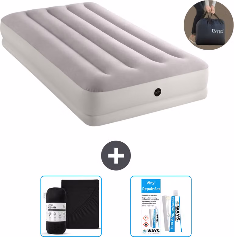Intex Airbed - 1 persona - 99 x 191 x 30 cm - Grigio - Incluso pompa - lenzuolo e kit di riparazione
