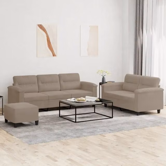 Set di Divani Moderno vidaXL in Microfibra Beige con Pouf e Cuscini per Soggiorno – 1