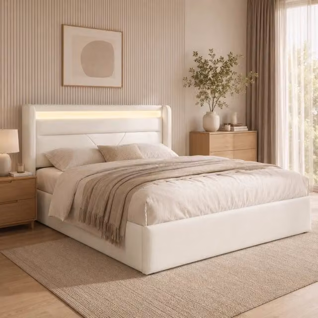 Letto Contenitore REDOM Imbottito in Ecopelle Bianco con Illuminazione LED e Base a Sollevamento L/P/H: 160 x 200 x 166 cm