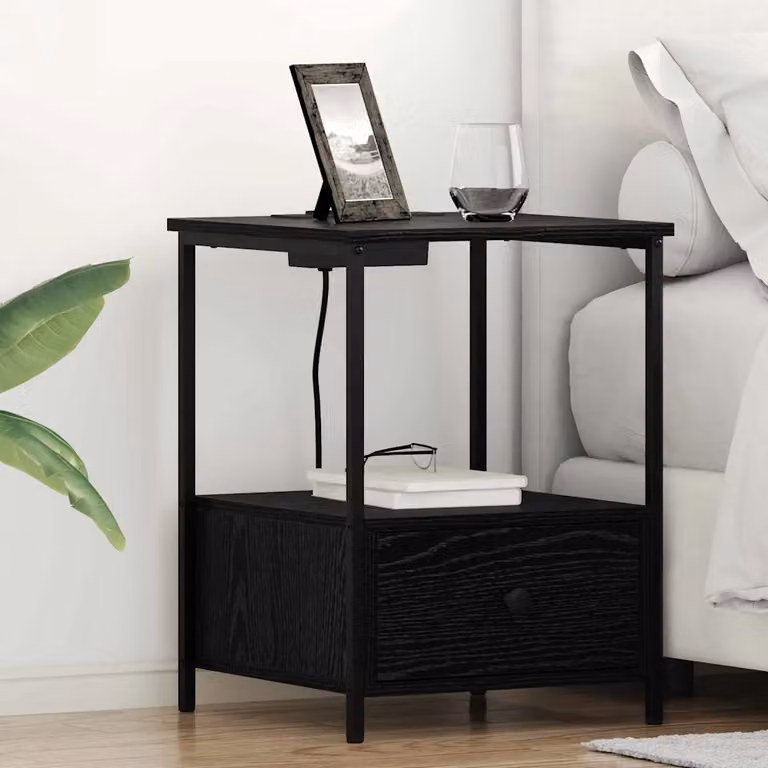 Armadio da notte vidaXL in stile rustico, colore nero e rovere, L 42 cm x P 41 cm x H 56 cm