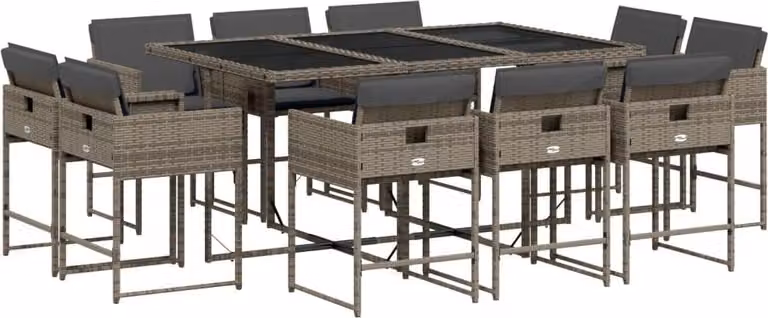 Set da Pranzo da Giardino 11pz con Cuscini in Polyrattan Grigio