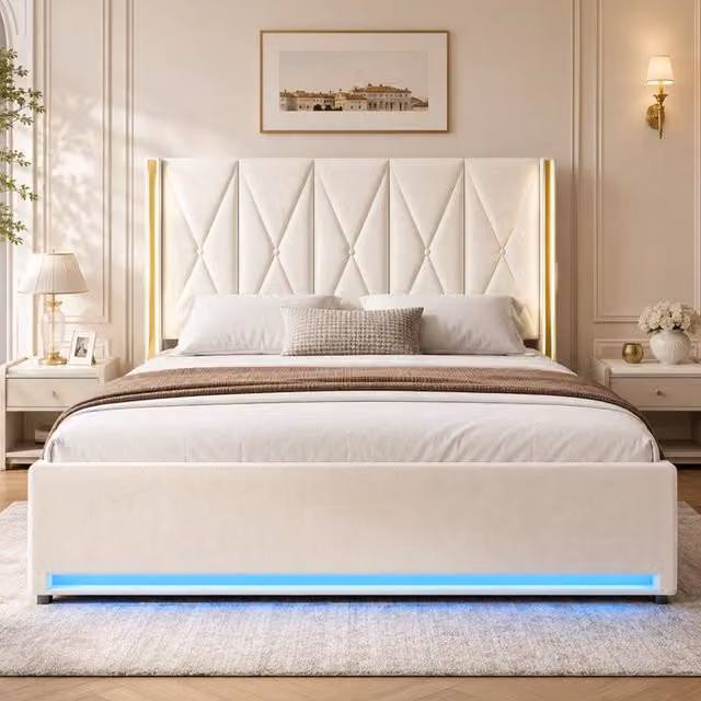 Letto matrimoniale 180×200 cm con vano idraulico, LED, tasche laterali, USB e Type-C, senza materasso, beige