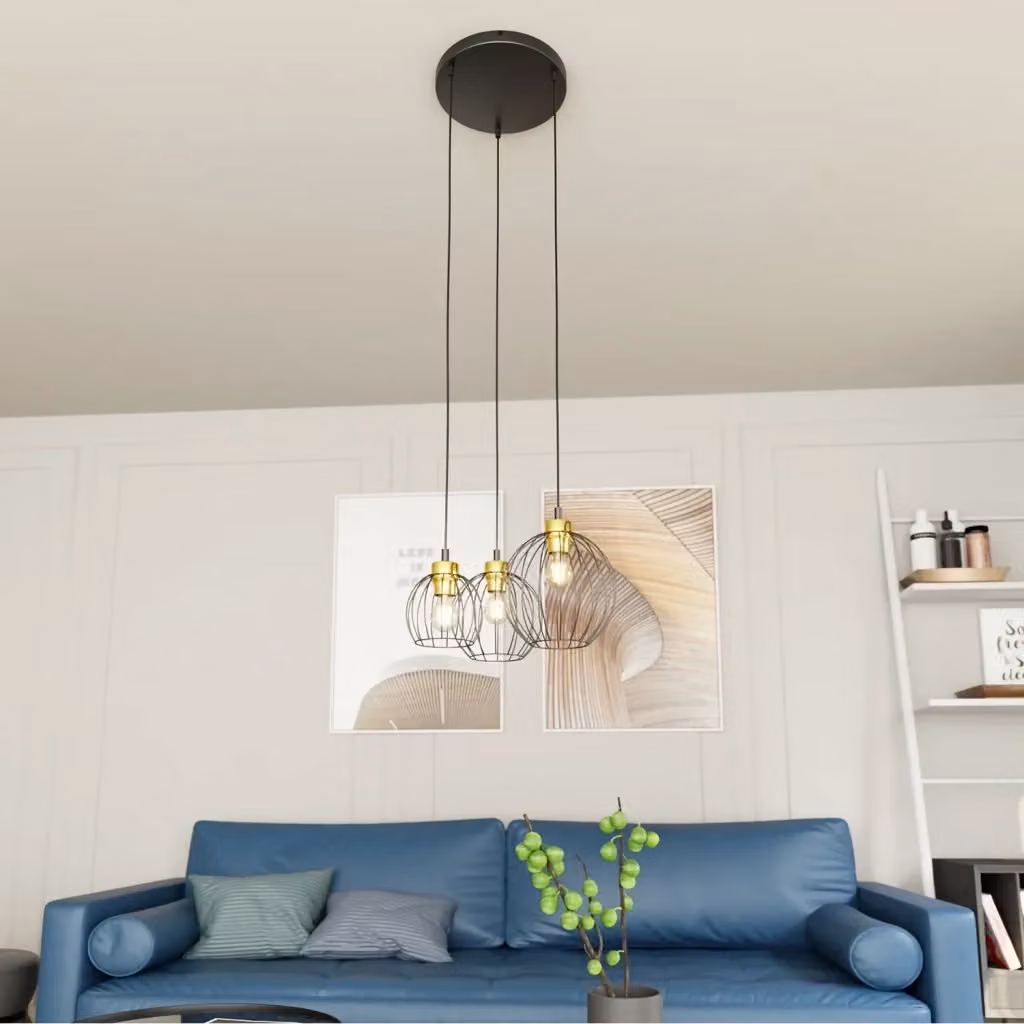 Lampada a sospensione industriale Euryphaessa Luceart-Classic con 3 luci, design tondo in metallo nero e oro, altezza regolabile – 2