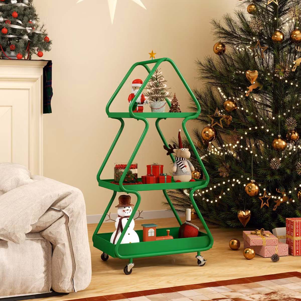 Carrello natalizio girevole a 3 livelli Costway in metallo verde con decorazione a stella
