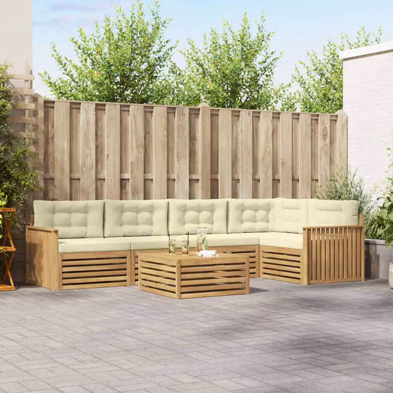 vidaXL Set di divani da esterno a L composto da 6 pezzi con tavolino, in legno di acacia e tessuto bianco, beige e marrone