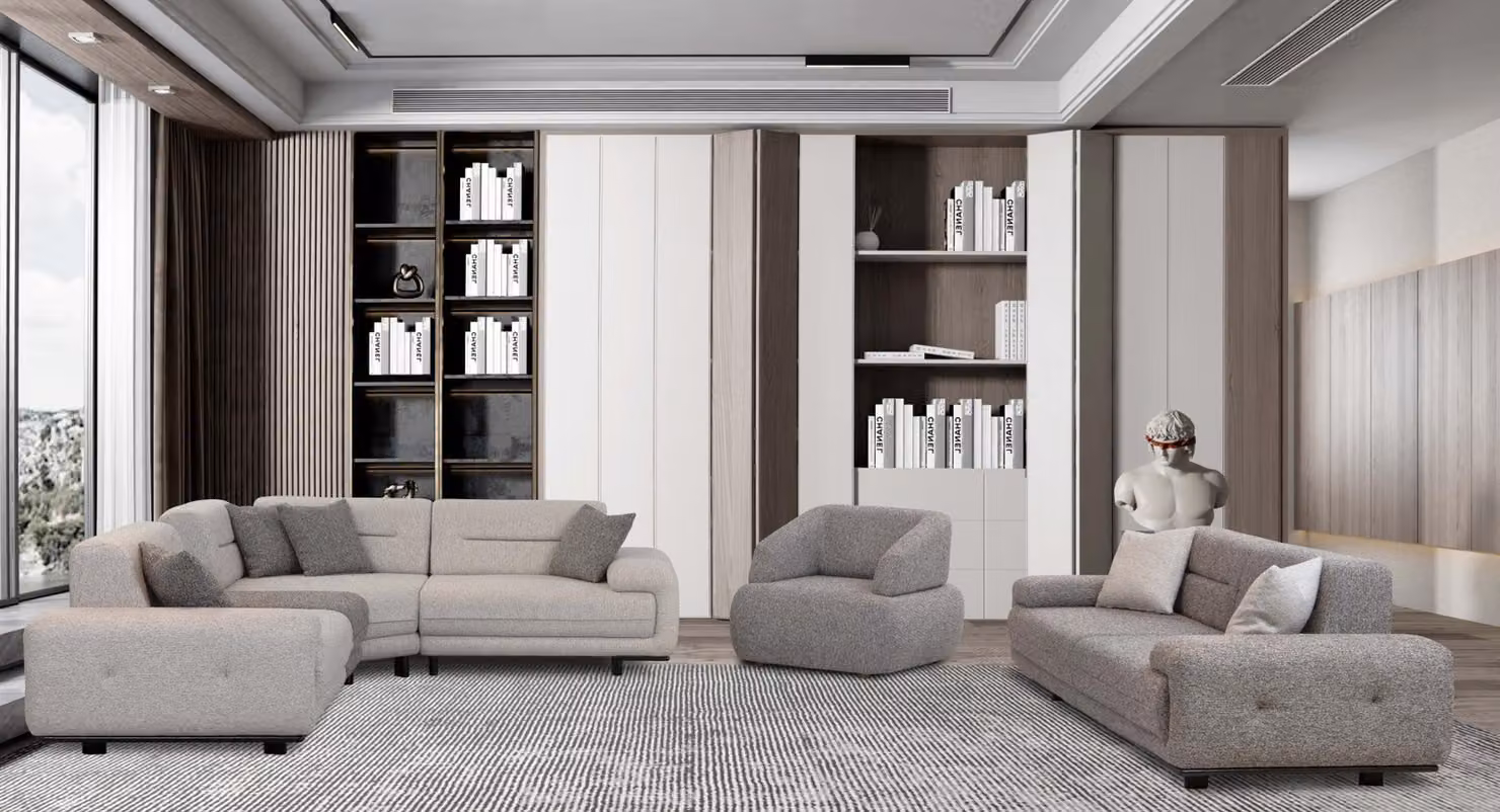 Divano moderno, set composto da: divano angolare, divano a 3 posti, poltrona, poggiapiedi, colore grigio e beige