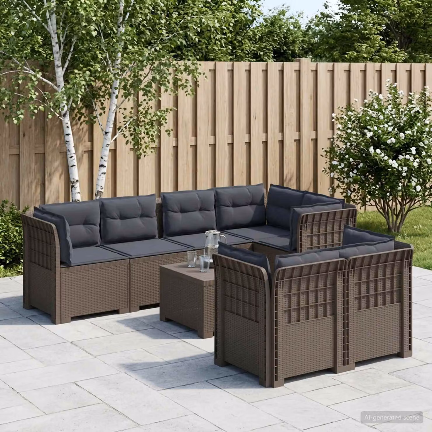 Divano da giardino a forma di U vidaXL con 7 posti, design moderno in polyrattan grigio e cuscini imbottiti resistenti ai raggi UV