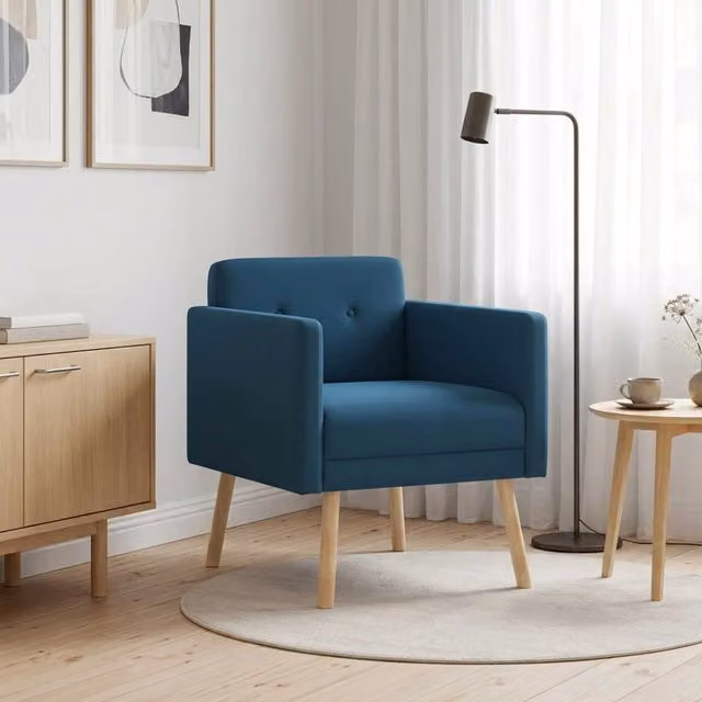 Poltrona moderna in velluto blu vidaXL con braccioli e struttura in legno