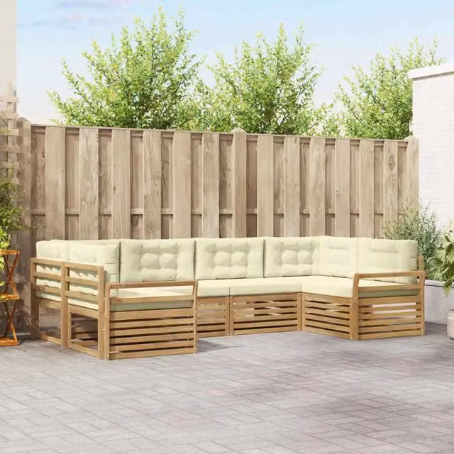 Set di divani da esterno a L vidaXL in legno di acacia con cuscini Bianco e Beige