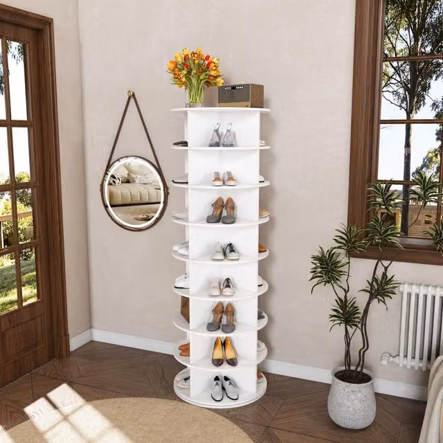 Scarpiera a torre girevole 360 gradi MINIMAL con 8 ripiani per 32 paia di scarpe, Bianco opaco