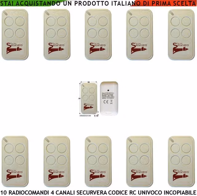 Set di 10 telecomandi Securvera bianchi con frequenza 433,92 MHz, 4 canali e codifica di sicurezza univoca con segnalazione LED