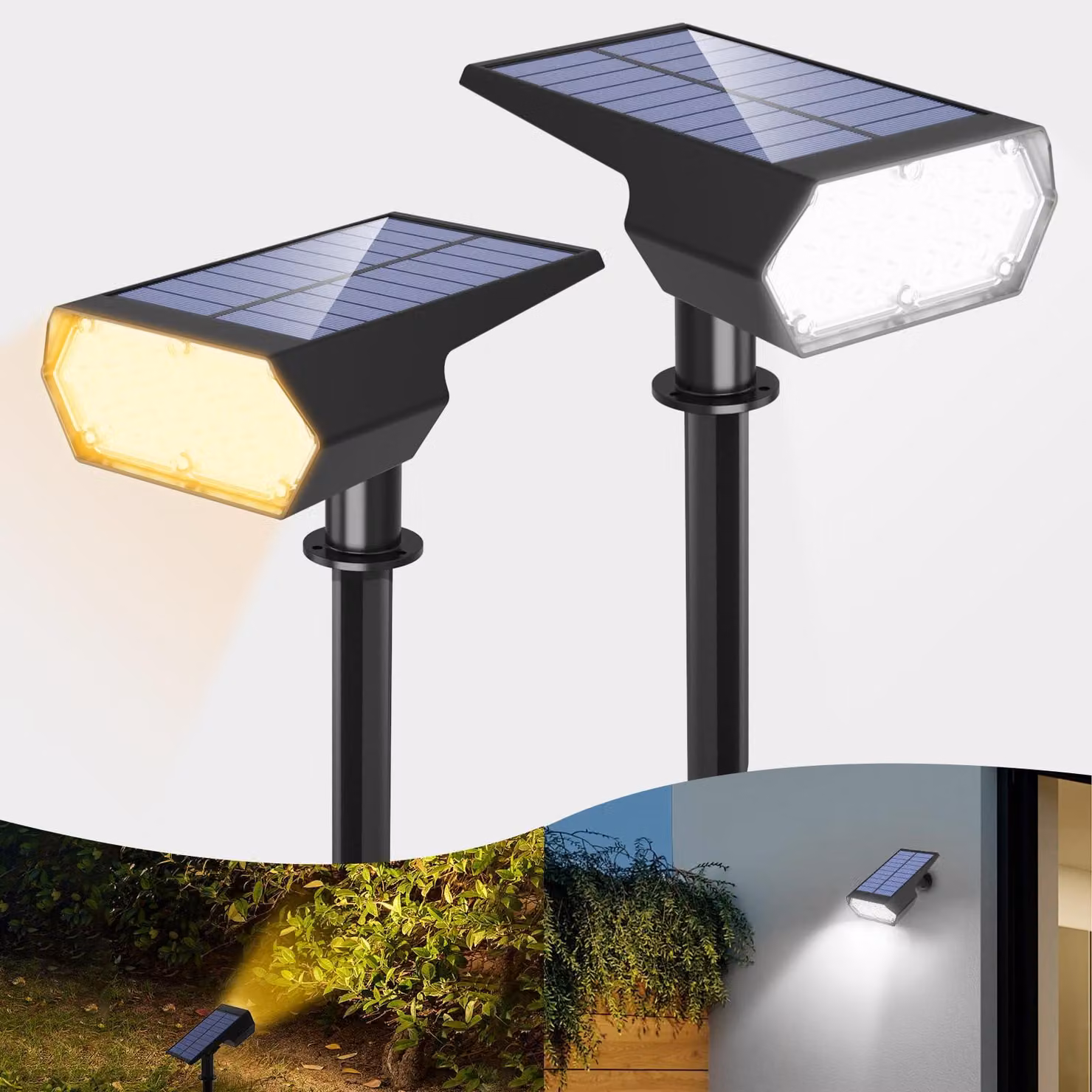 Lampada solare 2-in-1, luce calda/fredda, 4 modalità, grado di protezione IP65, confezione da 2 pezzi