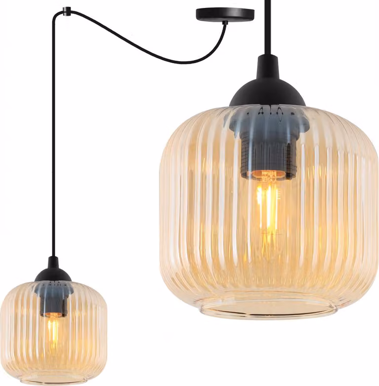 Lampada a sospensione RIFFLE a ragno, nera, a 1 luce, cilindro in vetro color ambra, attacco E27