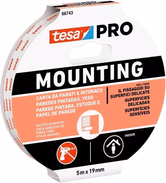 Set di 10 pezzi di nastro biadesivo tesa Mounting Pro per muro bianco, L: 19 mm, Lunghezza: 5 m