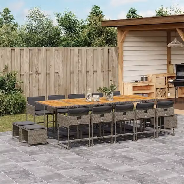 Set da pranzo da giardino vidaXL in polyrattan e legno di acacia con 15 pezzi e cuscini, colore grigio e marrone – 1