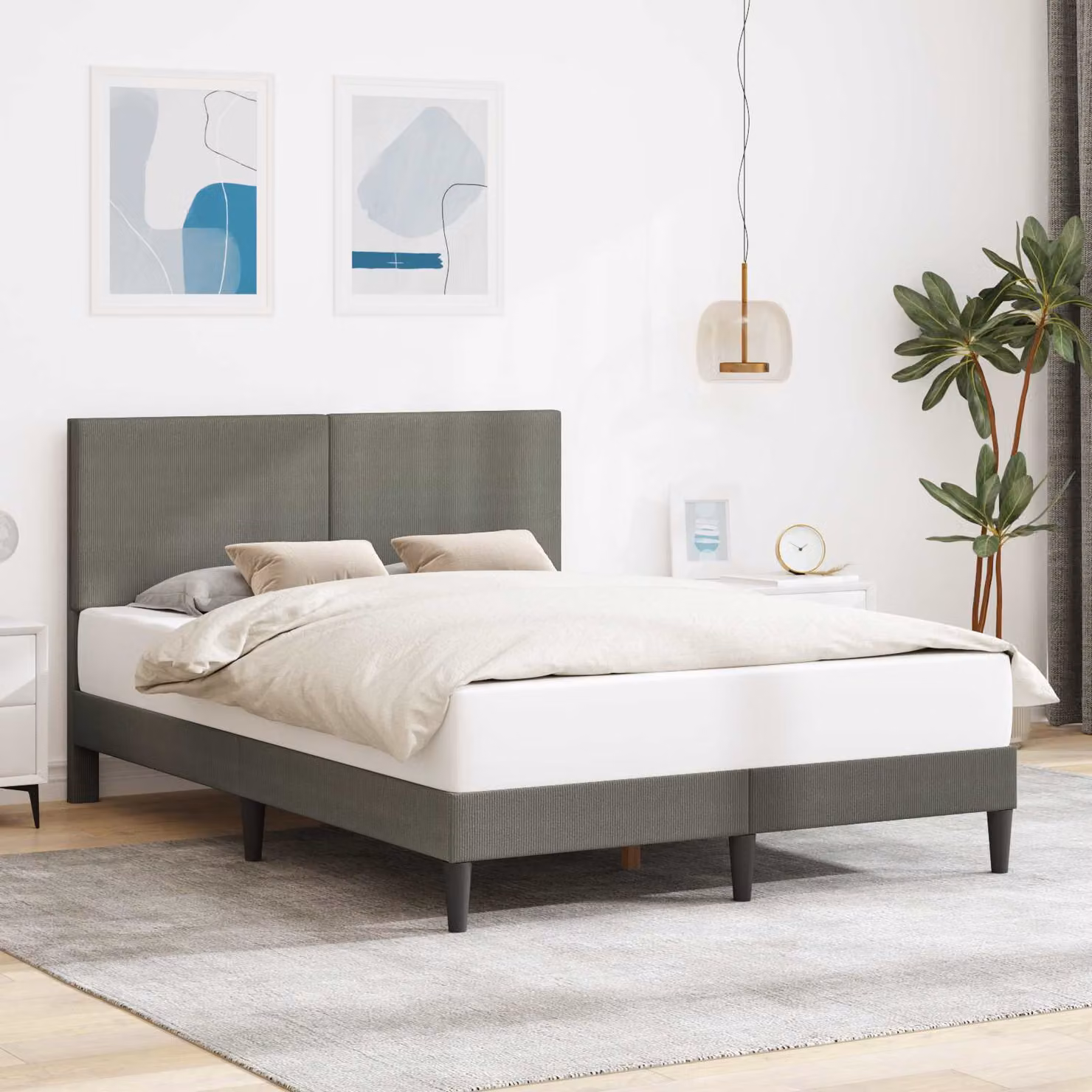 Struttura del letto moderna vidaXL in tessuto cord e legno, Grigio, L 140 x P 200 cm