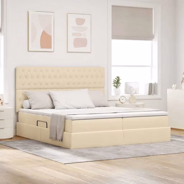 Letto con Contenitore Moderno vidaXL in Tessuto e Finta Pelle Beige L: 180 cm, P: 200 cm, H: 128 cm