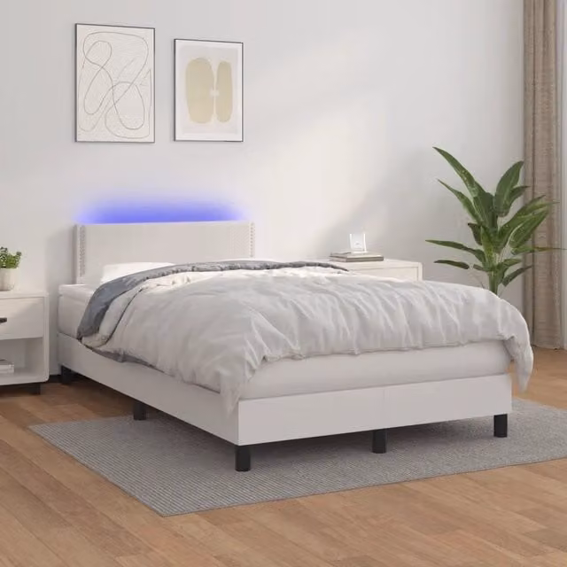 Letto con giroletto a molle e materasso vidaXL in similpelle bianco con illuminazione LED e porta USB L/P: 120 x 200 cm – 1