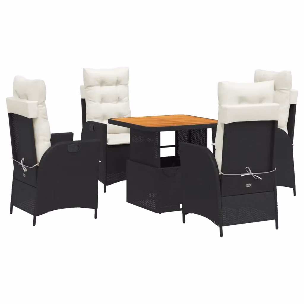 Set da Pranzo da Giardino 5 pz vidaXL in Polyrattan e Legno di Acacia con Cuscini Nero – 2