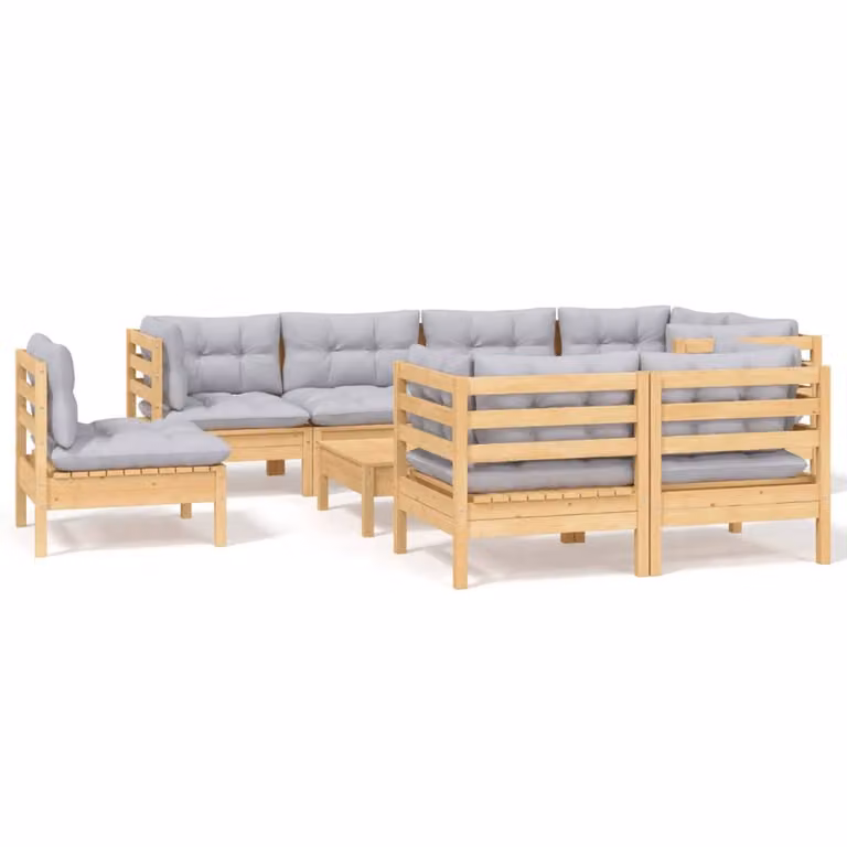 Set Divani da Giardino 9 pz con Cuscini Grigi Massello di Pino