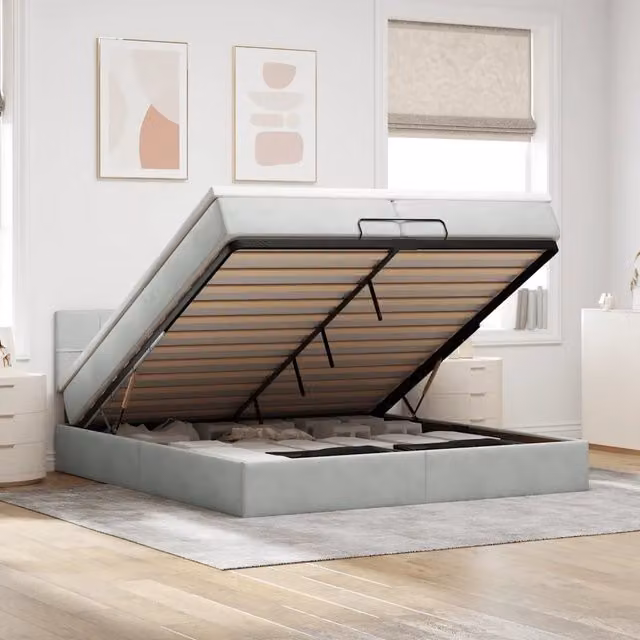Letto con contenitore a sollevamento vidaXL in velluto grigio e bianco con materasso, L: 200 cm, P: 200 cm, H: 88 cm – 1
