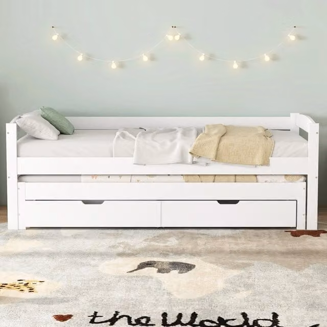 Letto da giorno Elvmi con letto estraibile e 2 cassetti in legno massello e MDF, bianco, L: 205 cm, P: 94,5 cm, H: 70 cm