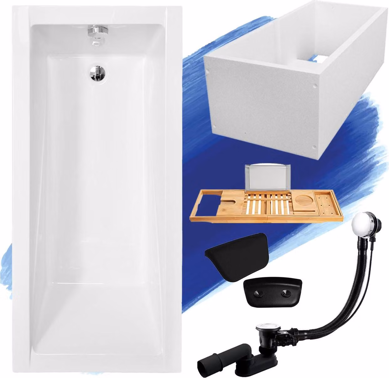 Vasca rettangolare 150x70 con set di scarico e piedini GRATIS + supporto per vasca + ripiano in legno di bambù + poggiatesta in nero | BADLAND MODERN