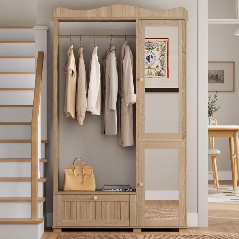 Abrihome: armadio guardaroba con specchio, cassetto e 2 ante, armadio con appendiabiti a vista, rovere