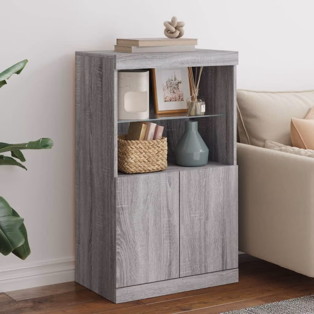 Credenza moderna vidaXL con luci LED integrata in Grigio Sonoma, L 60,5 cm x P 37 cm x H 100 cm