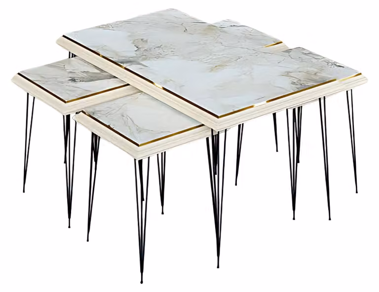 Weißer moderner Couchtisch mit Beistelltischen aus MDF und Edelstahl