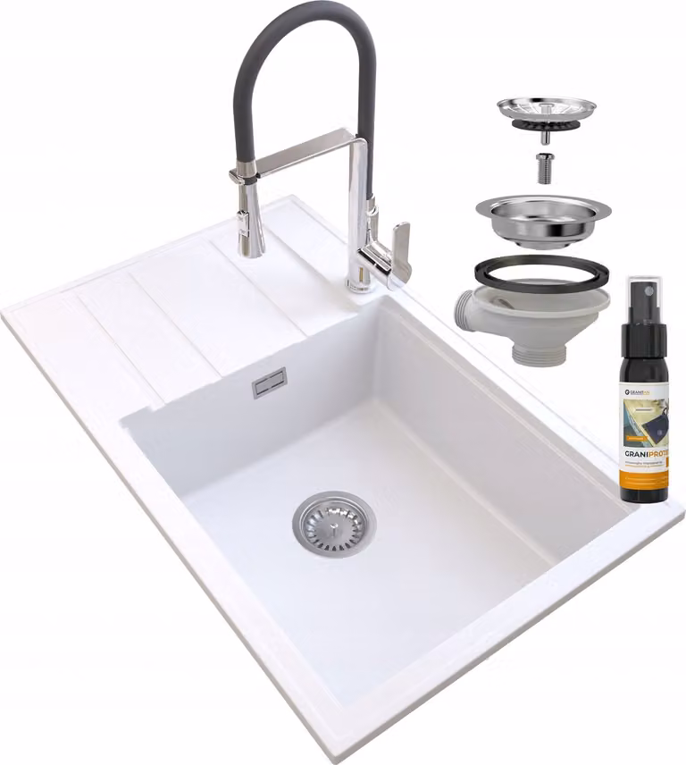 Granitan - Lavello in granito - Lavello da cucina - 80x50 cm - Bianco - con rubinetteria VEGAS e scolapiatti - LOUIS