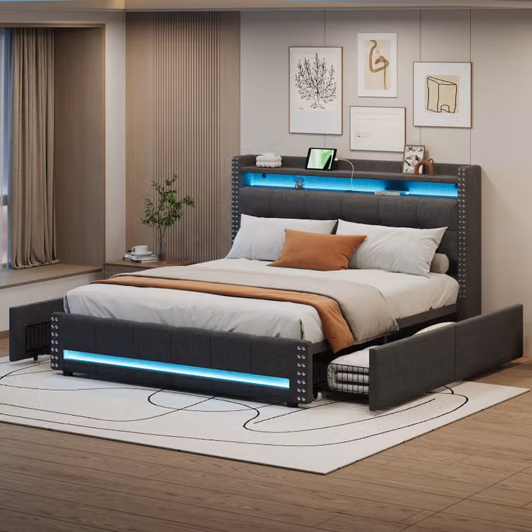 Letto imbottito STILVORA 160x200, letto matrimoniale con illuminazione a LED, letto con contenitore dotato di presa USB e 4 cassetti/vano portaoggetti nella testiera, grigio (con materasso)