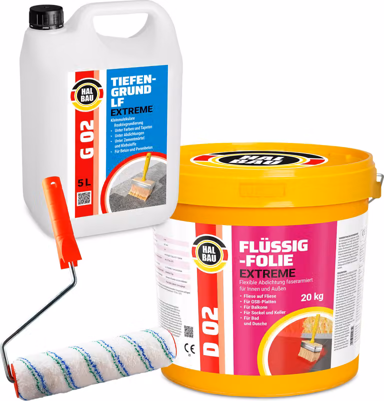 Rivestimento liquido 20 kg, adatto per balconi, bagni. Rullo per verniciatura 25 cm. Primer per superfici, impermeabilizzante per interni ed esterni. Codice prodotto: H208
