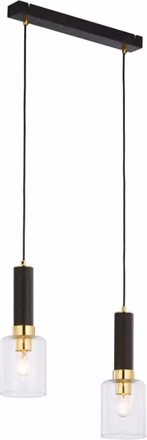Lampada a sospensione Jupiter Tuluza in metallo e vetro nero e oro con paralume trasparente, regolabile in altezza, per 2 lampadine E27