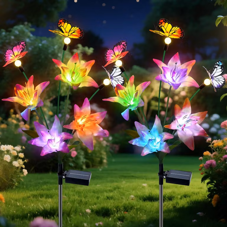 Set di 2 lanterne solari a forma di giglio con decorazioni a farfalla, con luci LED, grado di protezione IP65