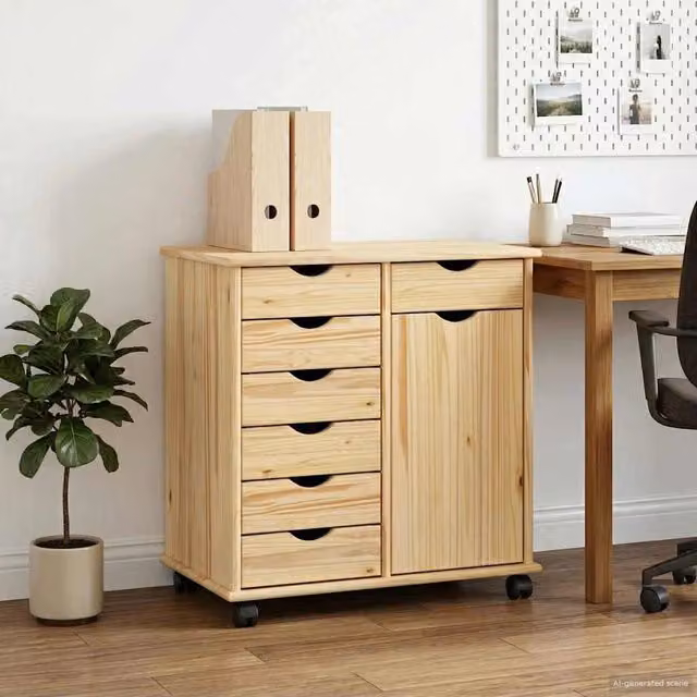 Mobile con Ruote vidaXL in Legno di Pino Massello Marrone L: 63,5 cm, P: 39 cm, H: 65,5 cm – 1