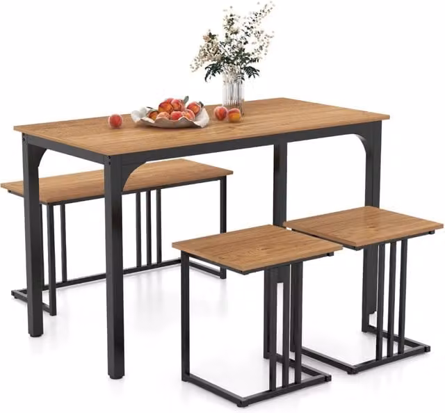 Set da pranzo Design In composto da tavolo rettangolare, panca e 2 sgabelli in stile industrial con struttura in metallo e piano in legno color marrone L: 120 cm, P: 60 cm, H: 75 cm