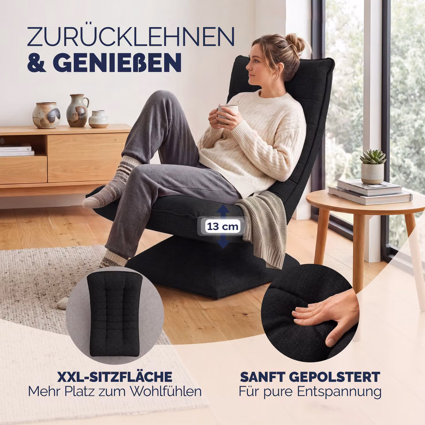 Sedia relax Aberdeen Casaria in tessuto nero con struttura in metallo e rotazione a 360 gradi – 2