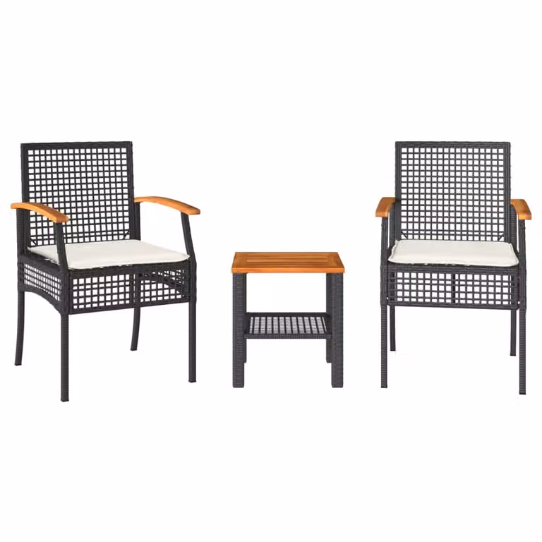 Set esclusivo per esterni - Tavolo bistro e due sedie, composto da: struttura in rattan sintetico nero, piano del tavolo e sedute in legno di acacia, con cuscini