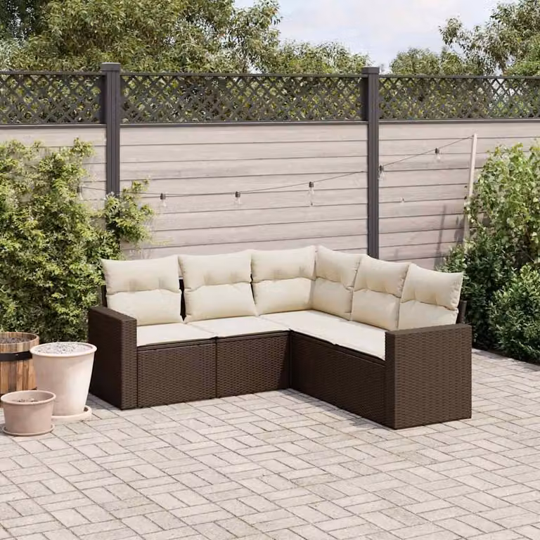 vidaXL Set Divano da Giardino a L 5 pz in Polyrattan Marrone con Cuscini Imbottiti e Coperture Rimosse