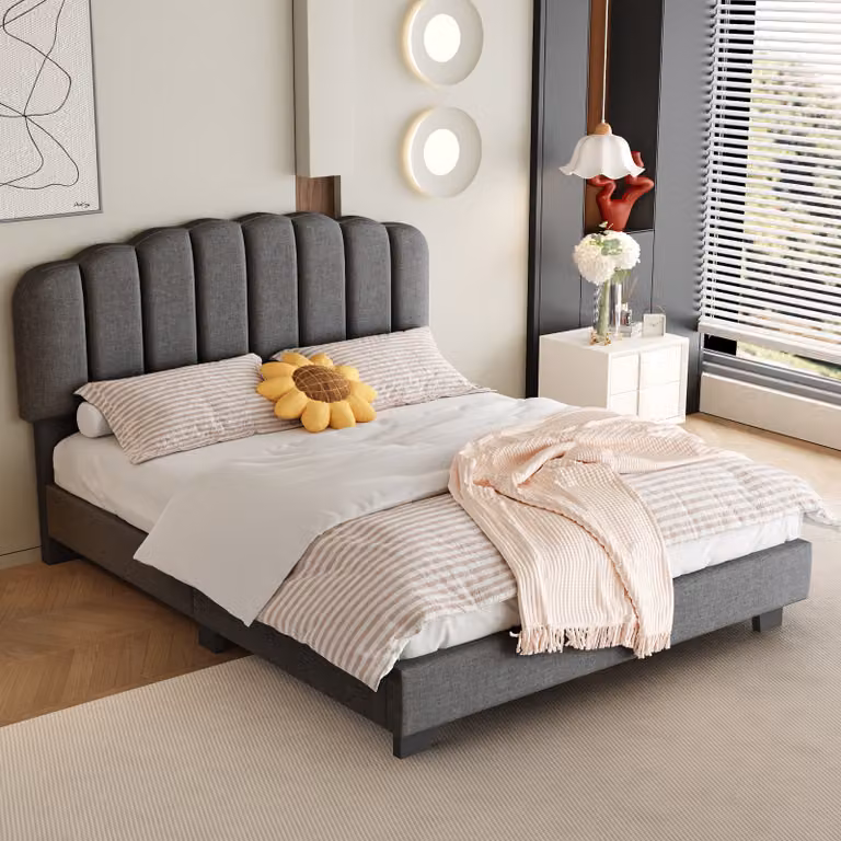 AIORBER Letto imbottito, 140 x 200 cm, Testiera regolabile, Lino, Testiera di grande effetto, con rete a doghe (senza materasso), Per camere da letto, Grigio