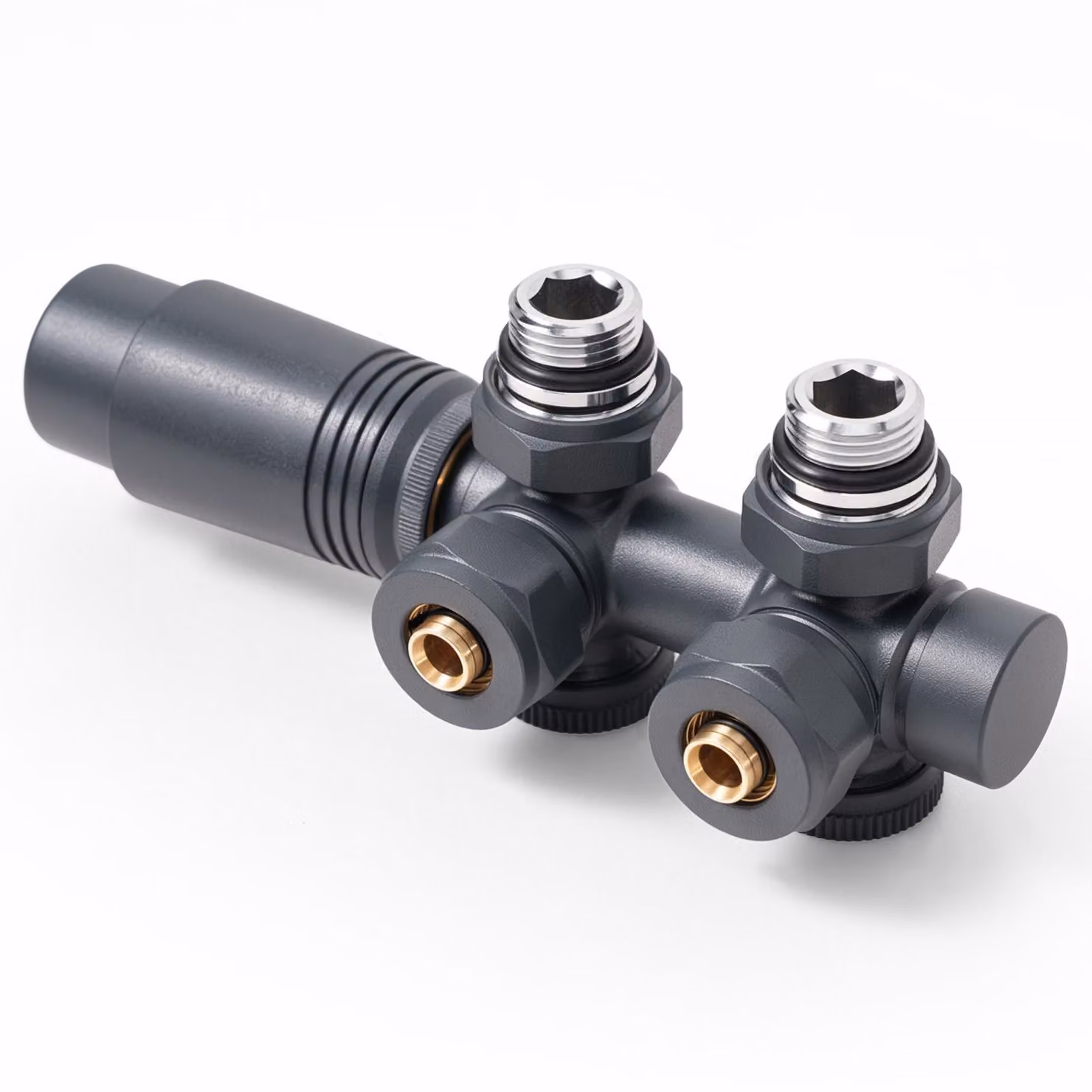 S'AFIELINA Set di raccordi per radiatori Set multiblock per radiatori 15mm/16mm, antracite, ottone, filettatura G 1/2", per installazione ad angolo e in forma diritta