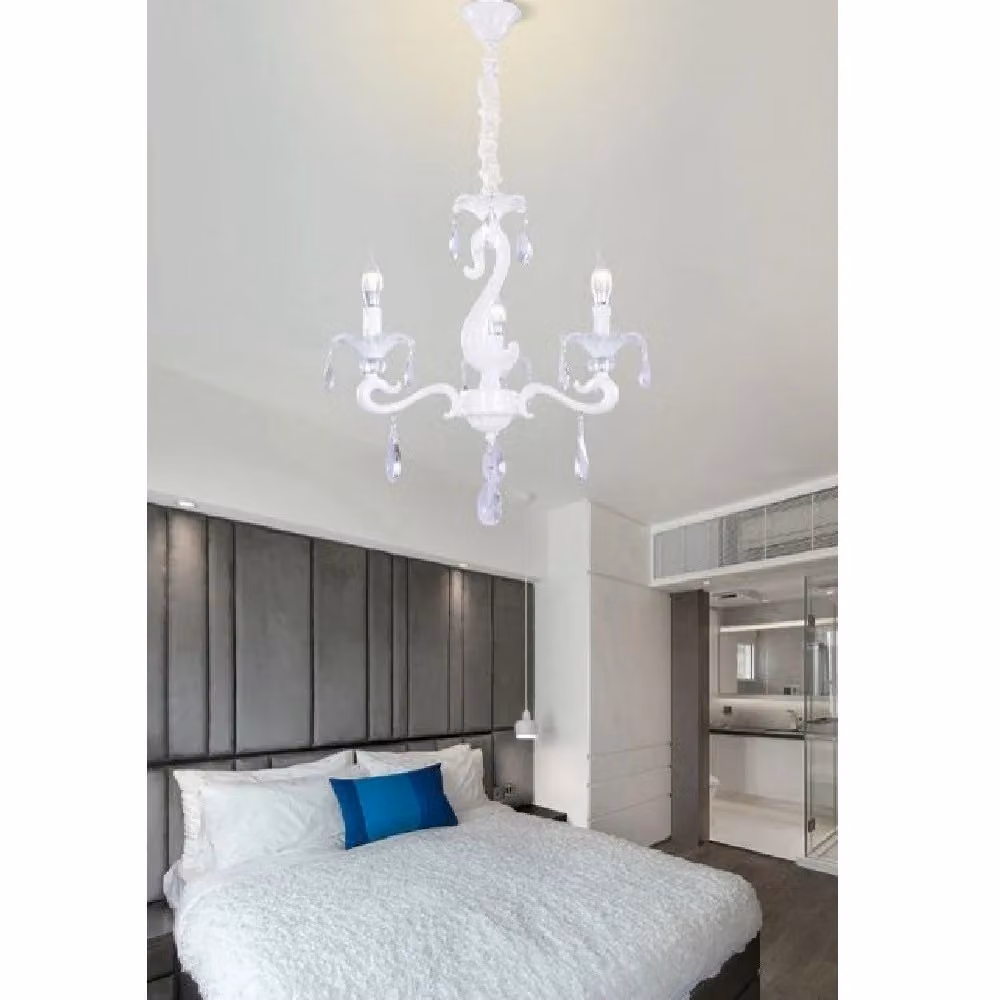 Lampadario da soffitto classico Trade Shop Traesio con 3 bracci, vetro cristallo a gocce pendenti, colore bianco e trasparente, attacco E14 – 2