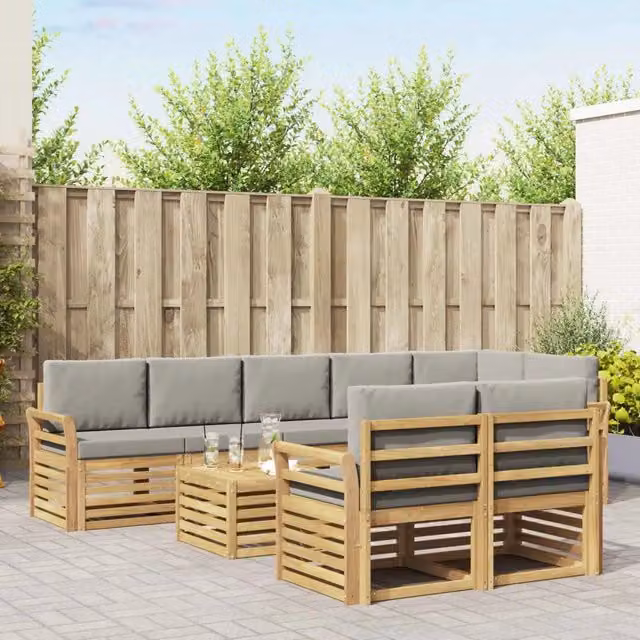 Set di divani da esterno a L vidaXL in legno di acacia con tavolo da caffè, 9 pezzi, Bianco e Grigio – 1