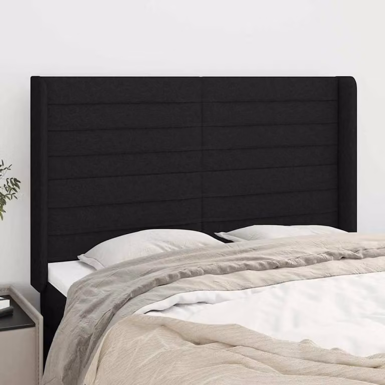 Testiera ad orecchio vidaXL in tessuto nero con struttura in legno e pannello imbottito L: 147 cm, P: 16 cm, H: 118/128 cm