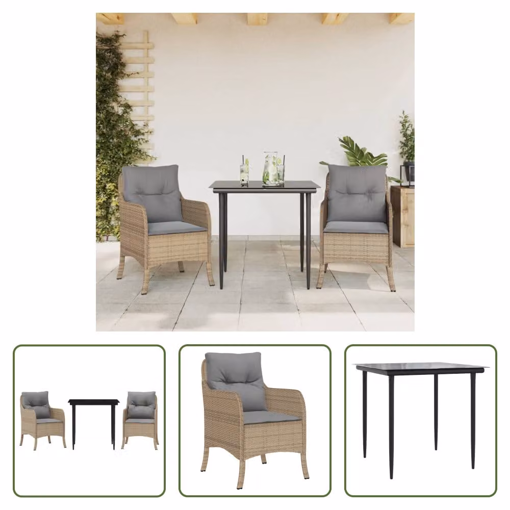 The Living Store Set da pranzo da giardino 3 pezzi con cuscini Beige poly rattan