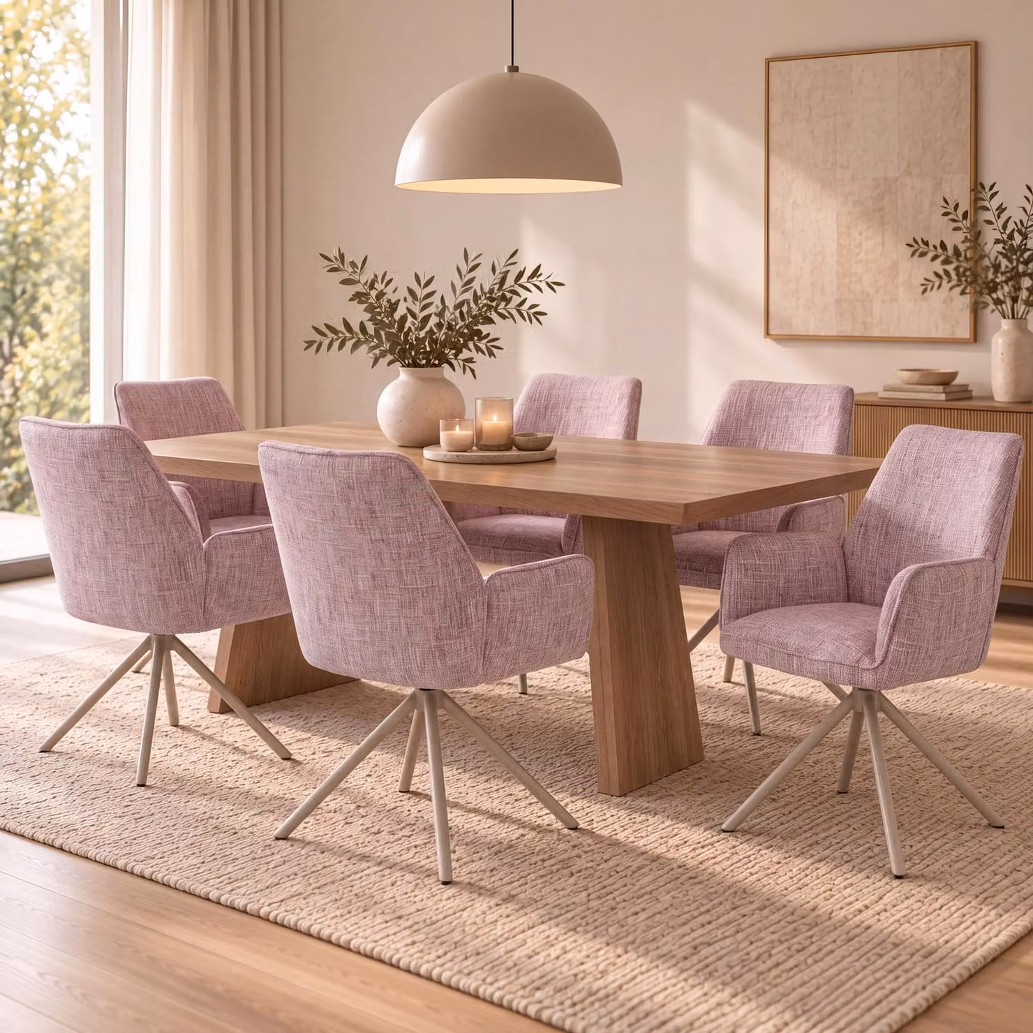 Set di 6 sedie da pranzo modello HWC-G67, girevoli, con meccanismo di auto-regolazione, rivestite in tessuto chenille (410g/m²), struttura color crema, seduta color rosa