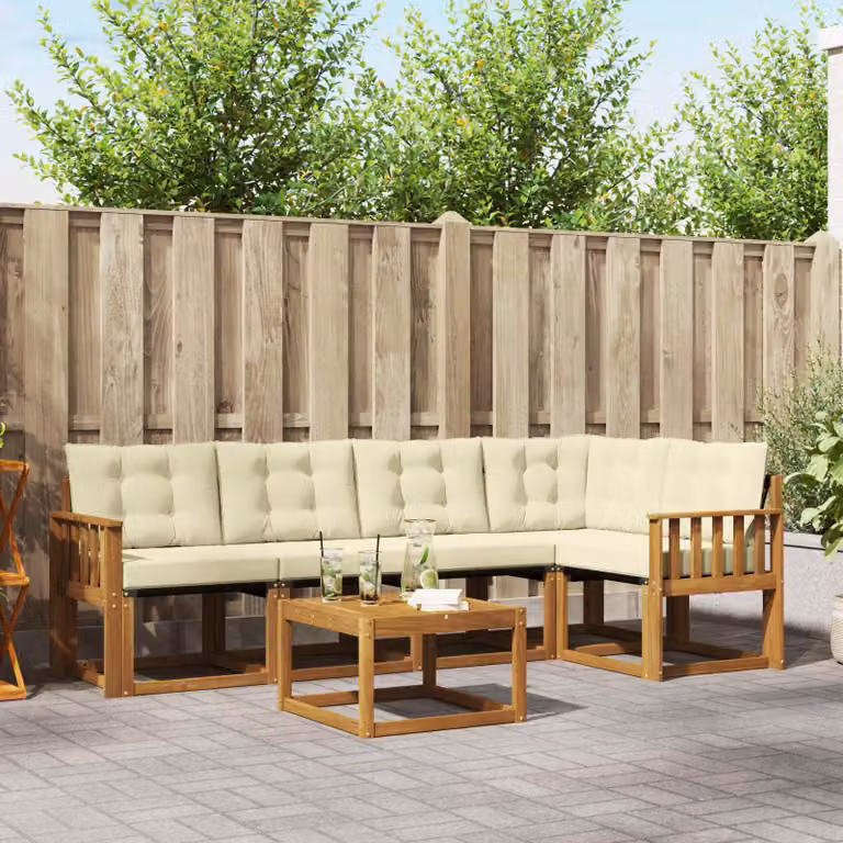 Set di divani da esterno vidaXL a forma di L composto da 6 pezzi in legno di acacia con cuscini inclusi, colore beige e marrone